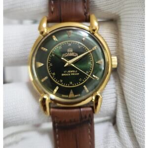Vintage 1981 Roamer Manual Mens Gold Watch W/Leather Strap & Green accents